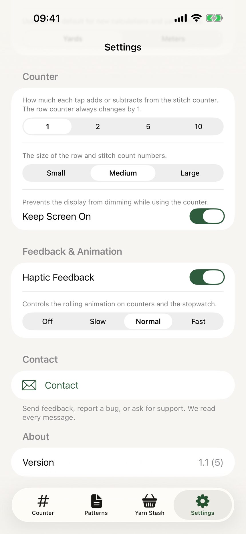 The counter text size setting showing small, medium, and large options.