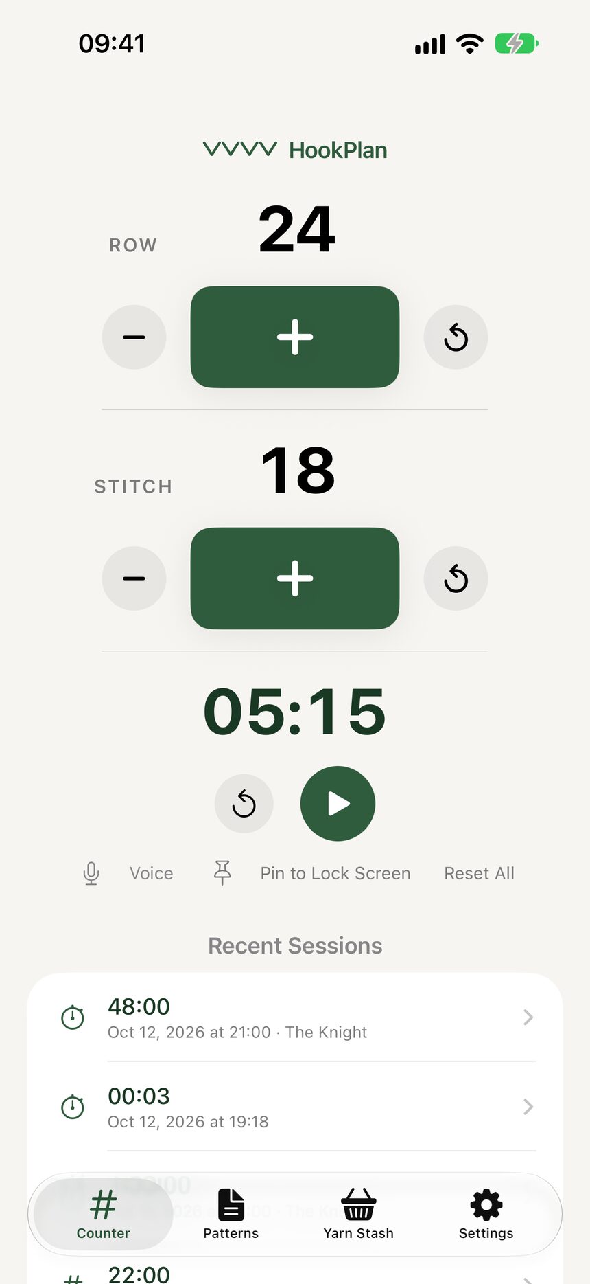 The Counter tab with the Voice button in the footer under the stopwatch.