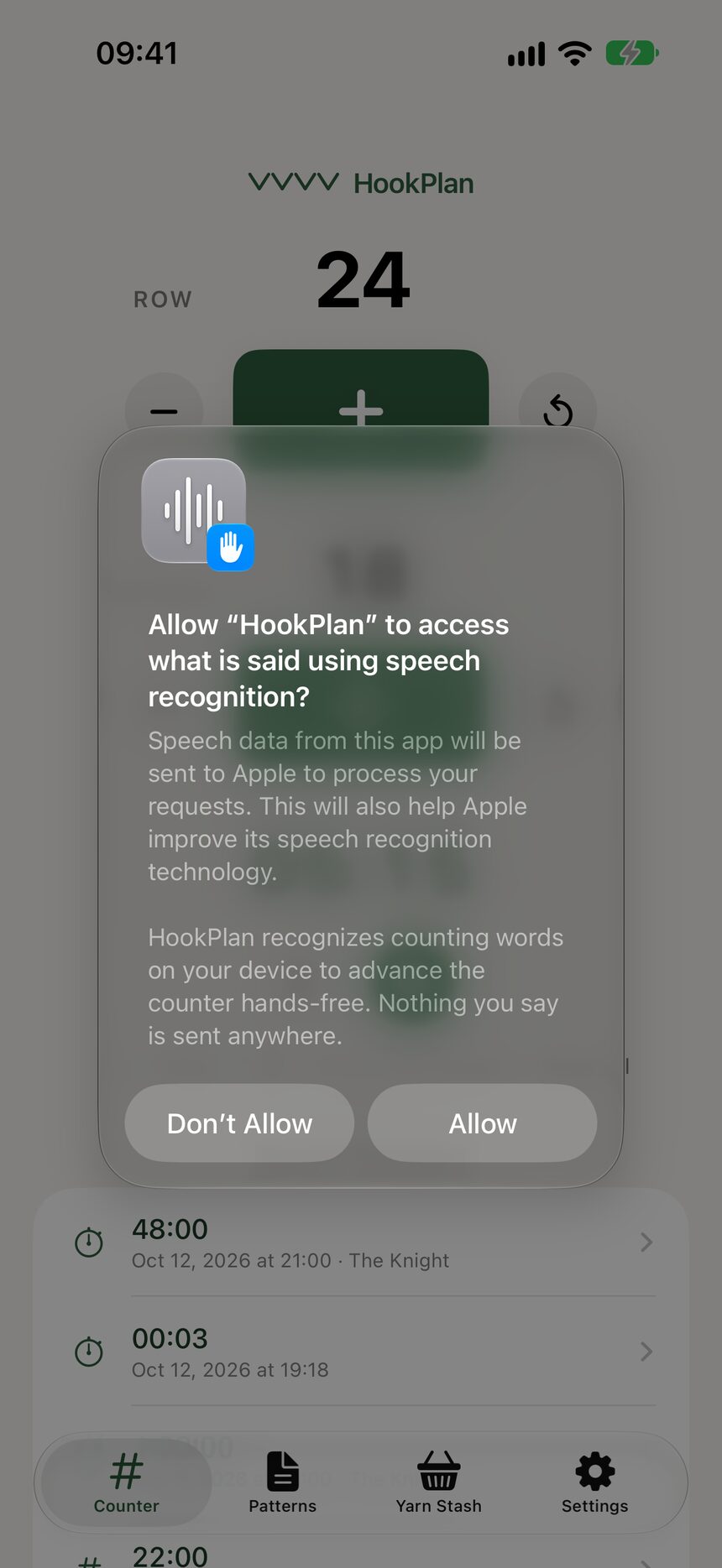 The iPhone permission prompt asking to allow HookPlan to use speech recognition.