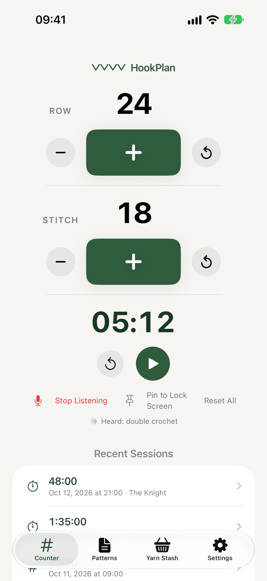 The Counter tab listening, with the Voice button red and a Heard line showing the last recognized words.