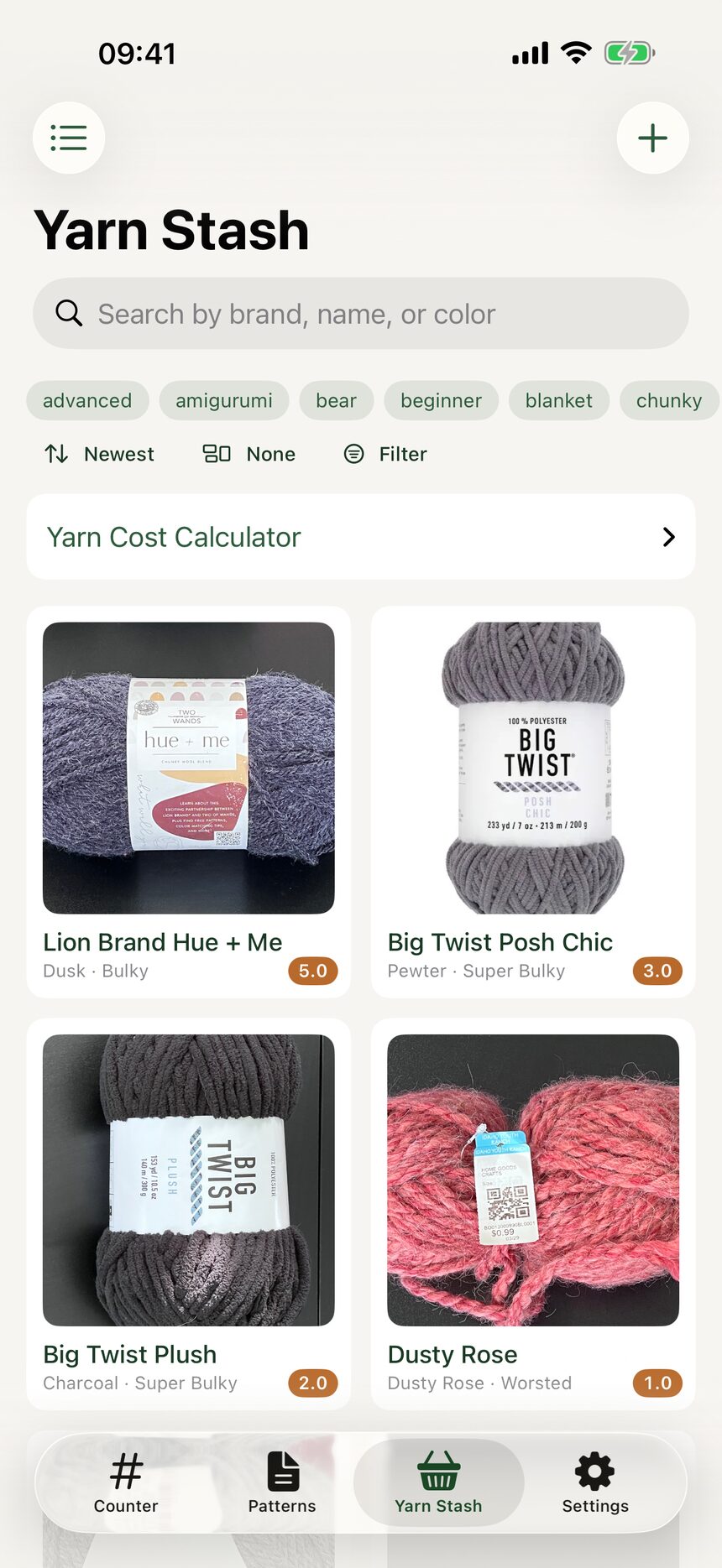 The Yarn Stash tab listing yarns with photos, brand names, colors, and weight categories.