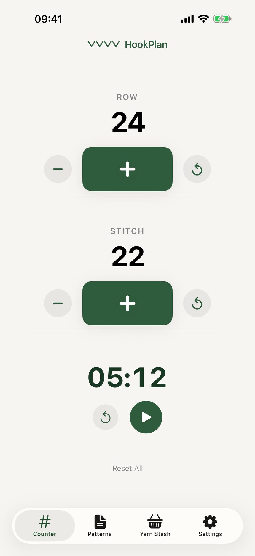 The Stitches counter showing a count of twelve after several plus taps.