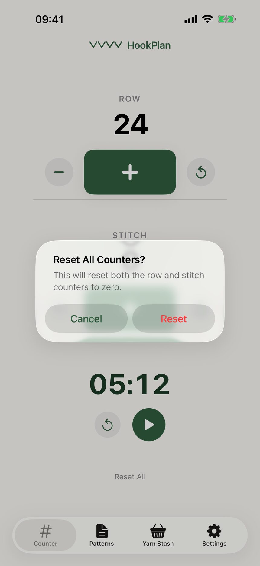 A confirmation dialog asking whether to reset all counters, with Cancel and Reset buttons.