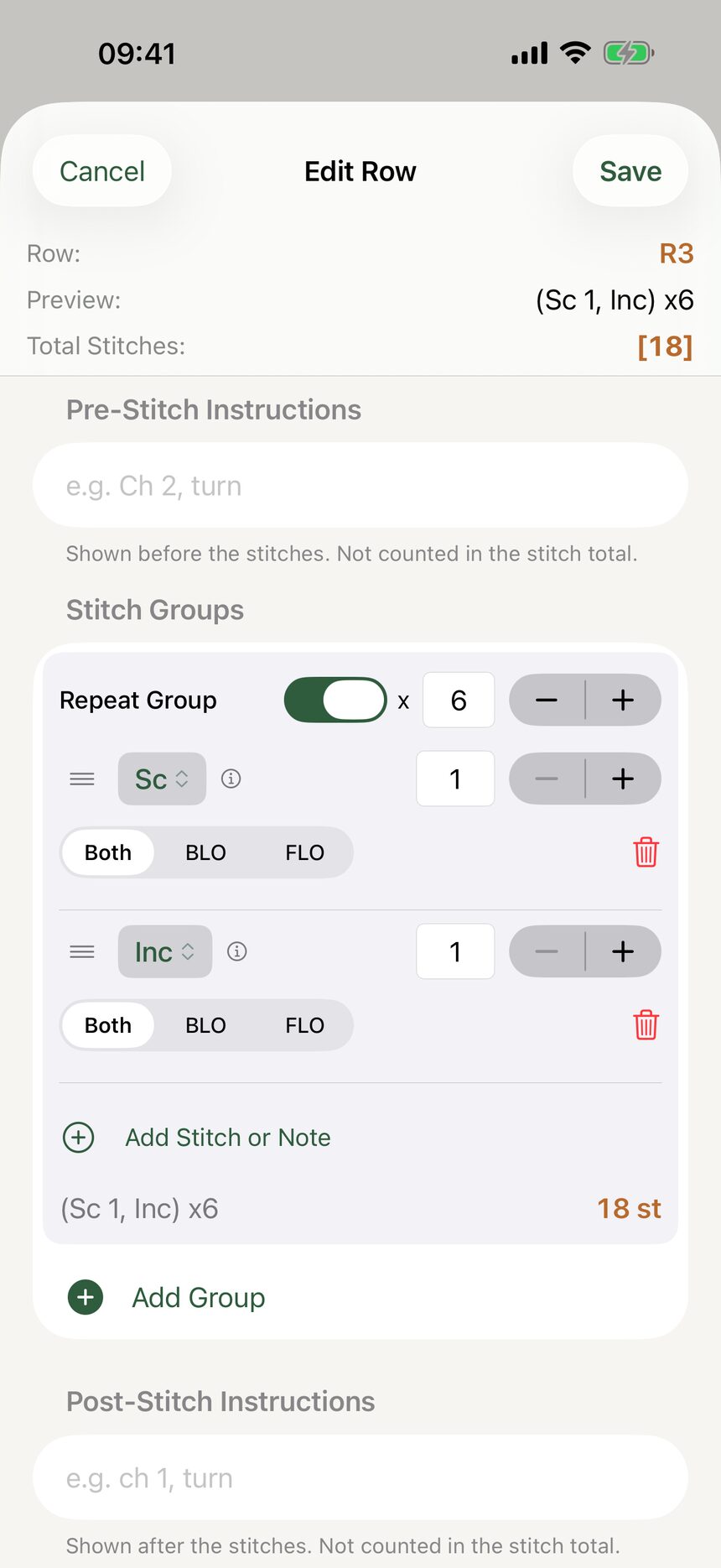 A pattern row with a repeat group in brackets and the calculated total stitch count beside it.