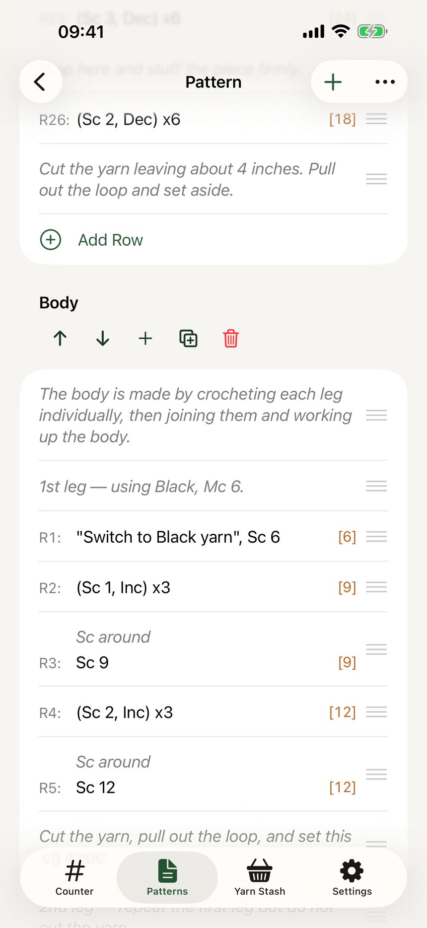A pattern with section headers dividing the rows into Body, Arms, and Head.