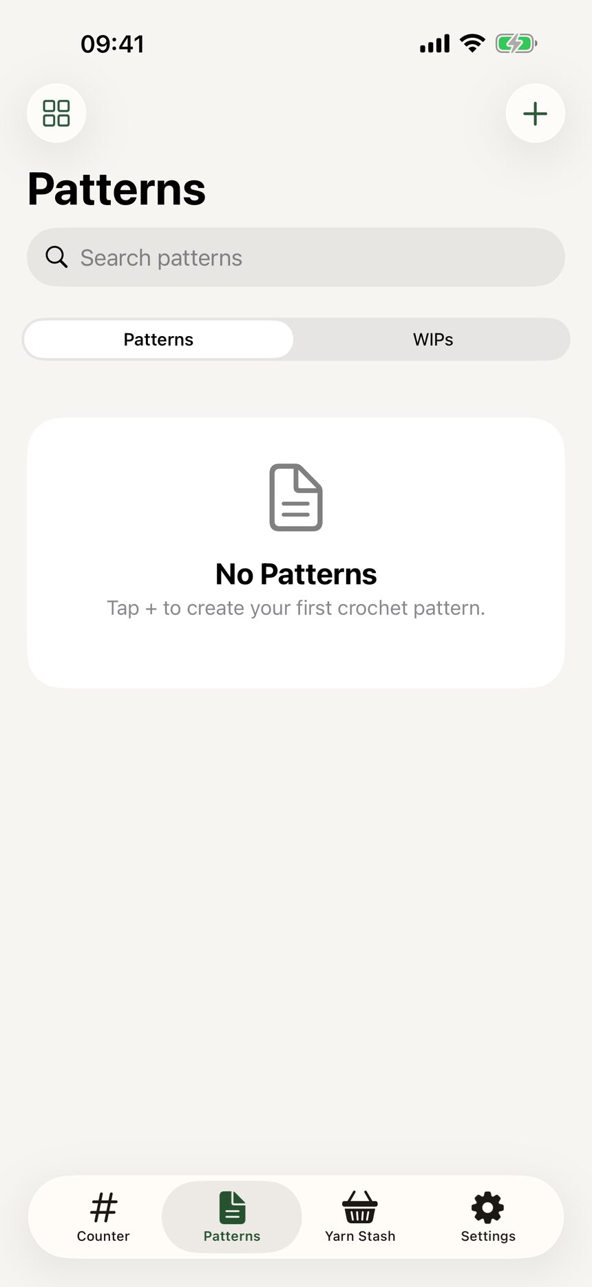 The empty Patterns tab with a message inviting you to create your first pattern and a plus button.