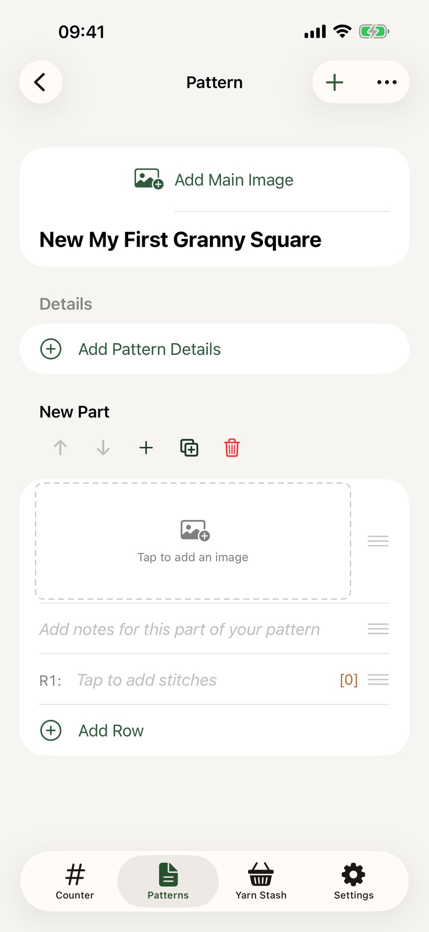 A freshly created pattern screen with empty sections for rows and details.