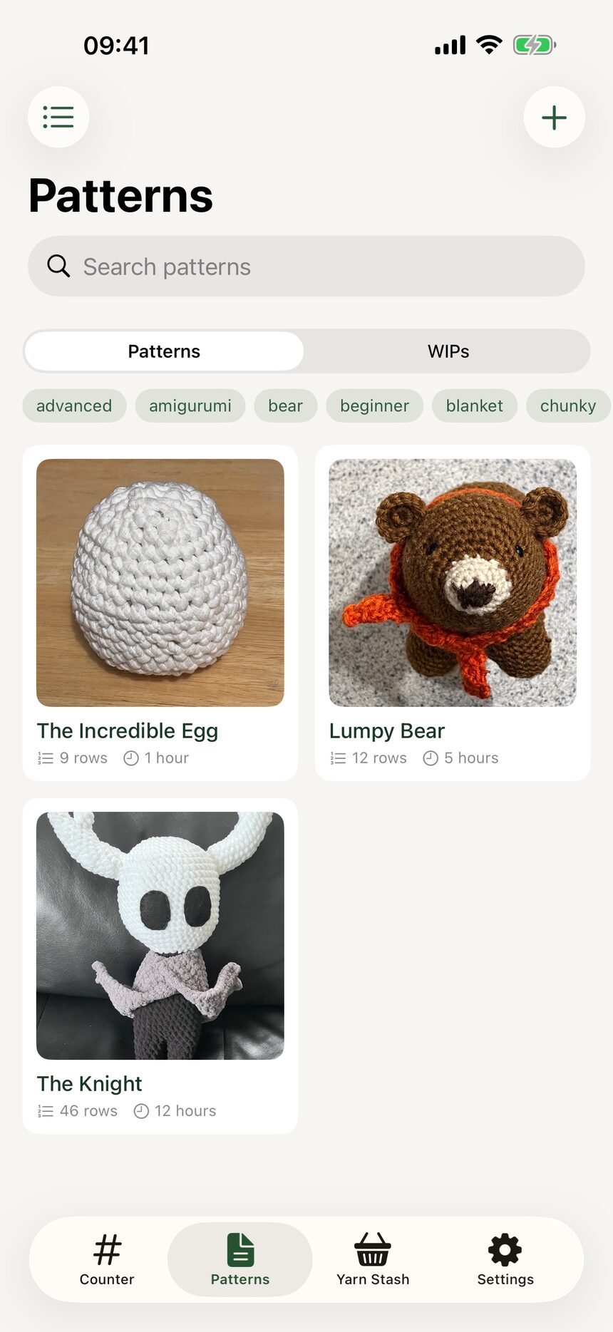 The pattern library in grid view, showing cover photos in two columns.
