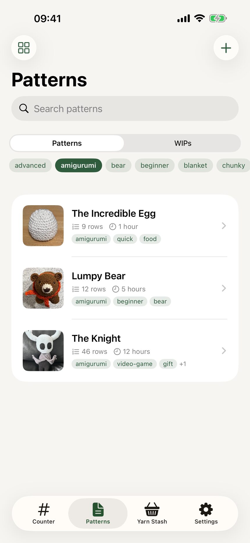 The tag filter open above the pattern library, with one tag selected.