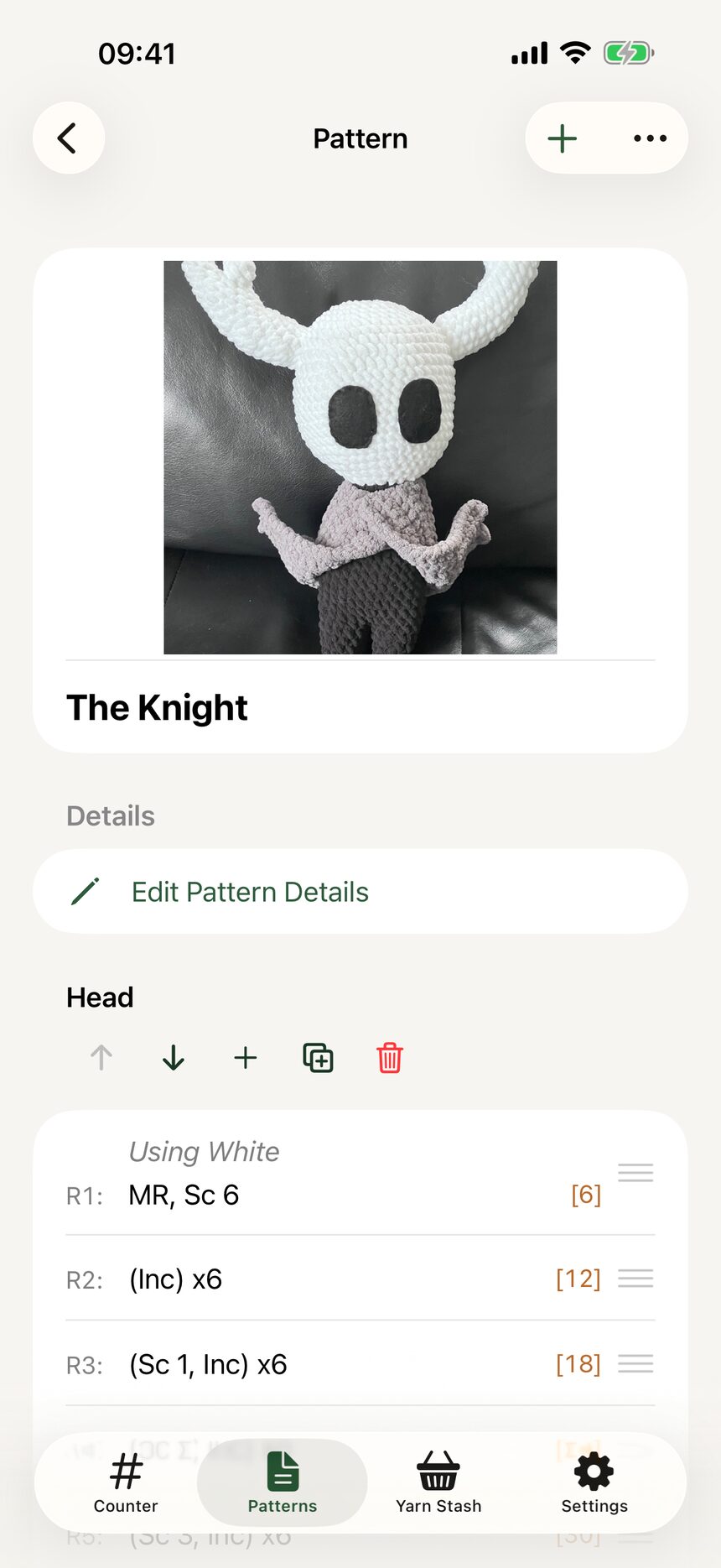 The Edit Pattern Details button on a pattern screen.