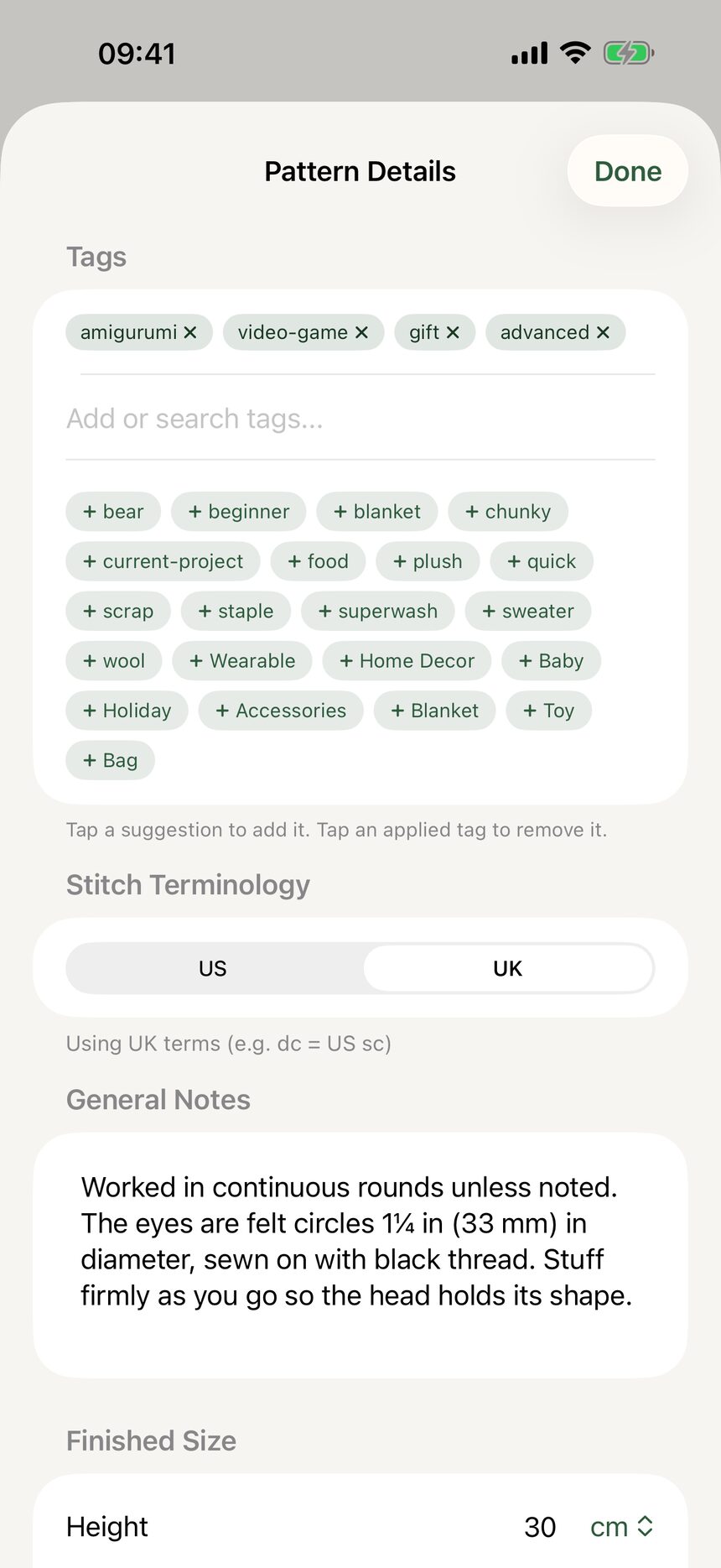 Pattern fields for finished dimensions and estimated completion time.