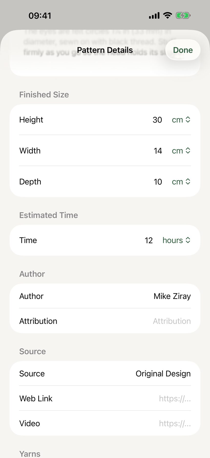 Designer credit fields with author name, source link, and video link.