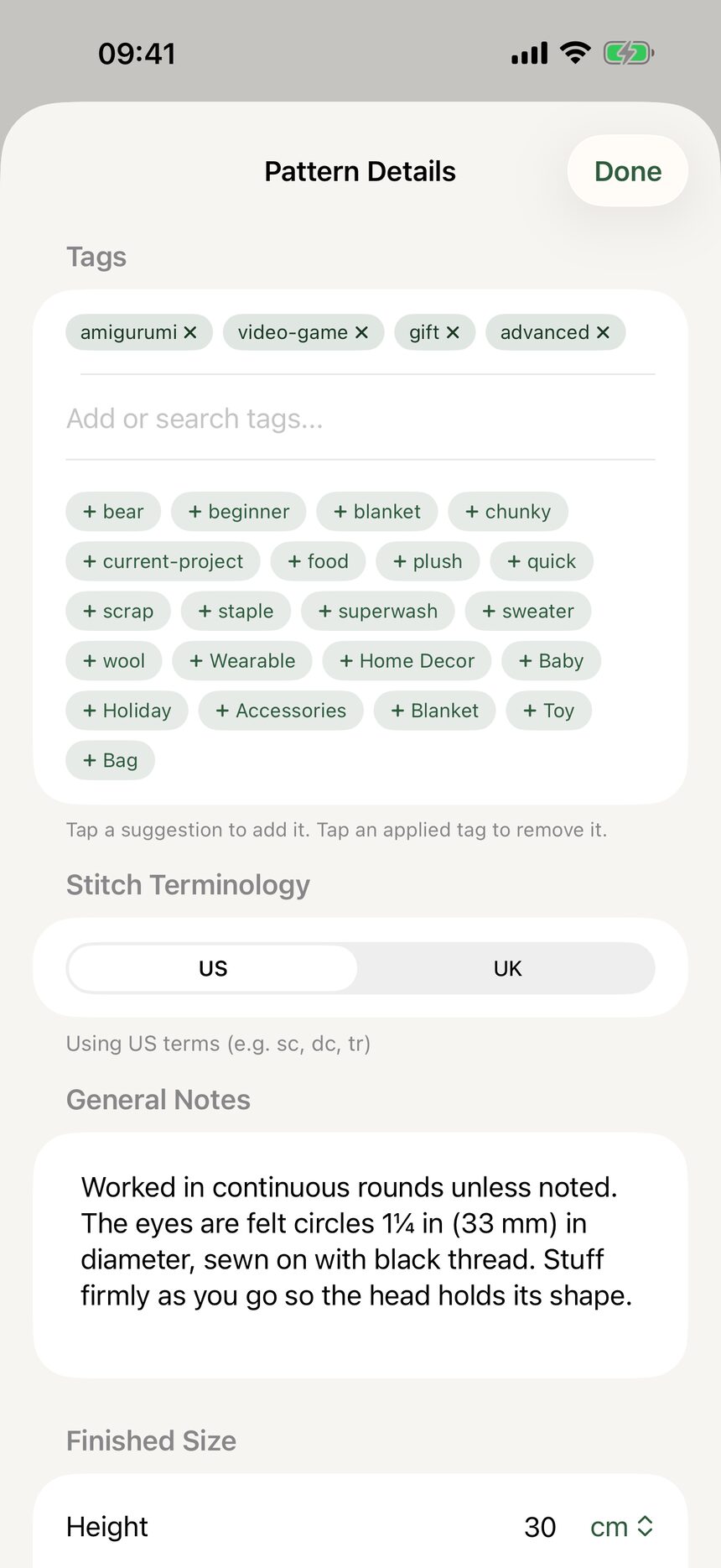 The US and UK terms toggle on a pattern, currently set to US.