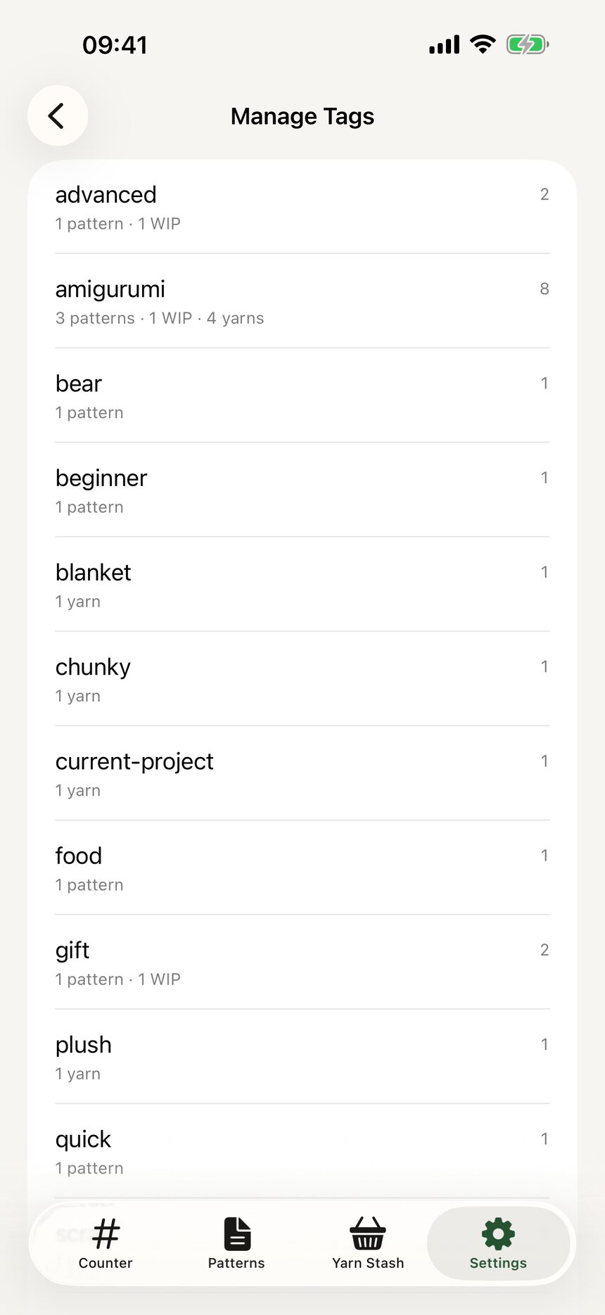 The Manage Tags screen with a list of custom tags and controls to reorder them.