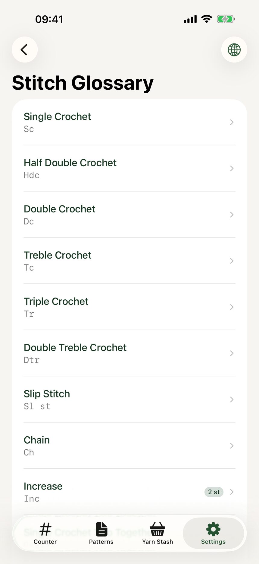 The stitch glossary in Settings listing stitch types with abbreviations.