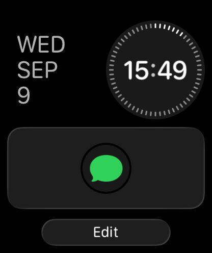 The Smart Stack on an Apple Watch showing the date, the time, a card, and an Edit button.