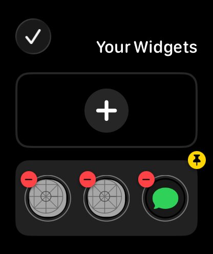 The Smart Stack in editing mode, titled Your Widgets, with a large plus button above the existing cards.
