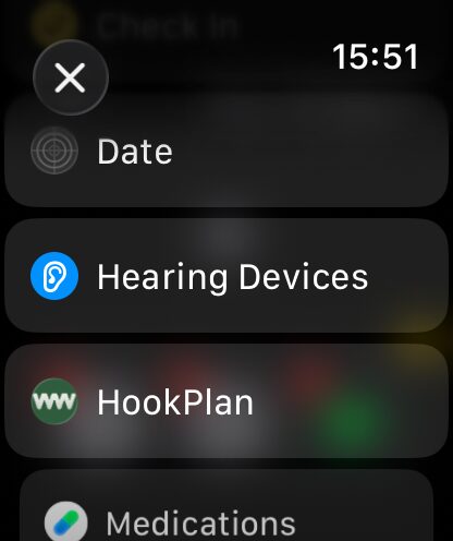 The widget picker list on the watch with HookPlan between Hearing Devices and Medications.