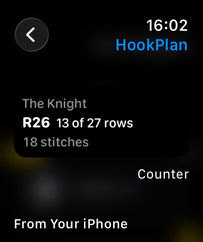 The HookPlan Counter card preview showing a project name, the current row number, rows completed, and the stitch count.