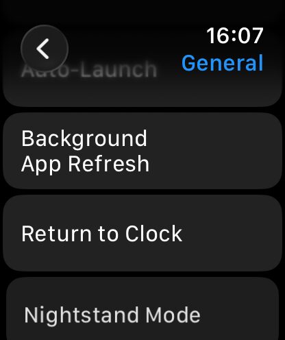 The General section of watch Settings with the Return to Clock row visible.