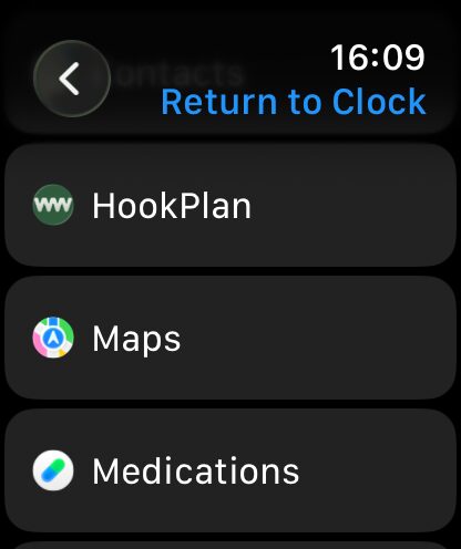 The Return to Clock app list on the watch with HookPlan at the top.