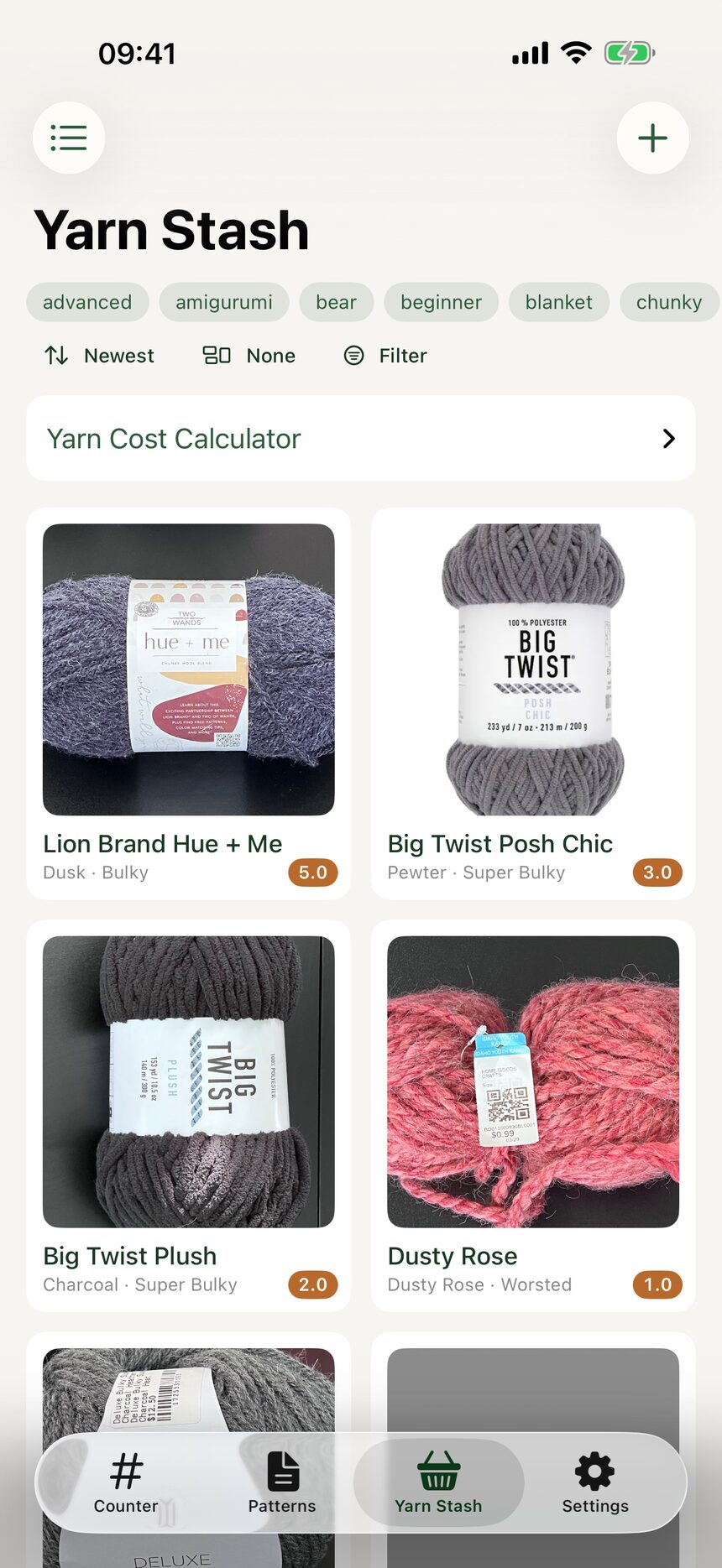 The Yarn Stash tab with the plus button for adding a new yarn.