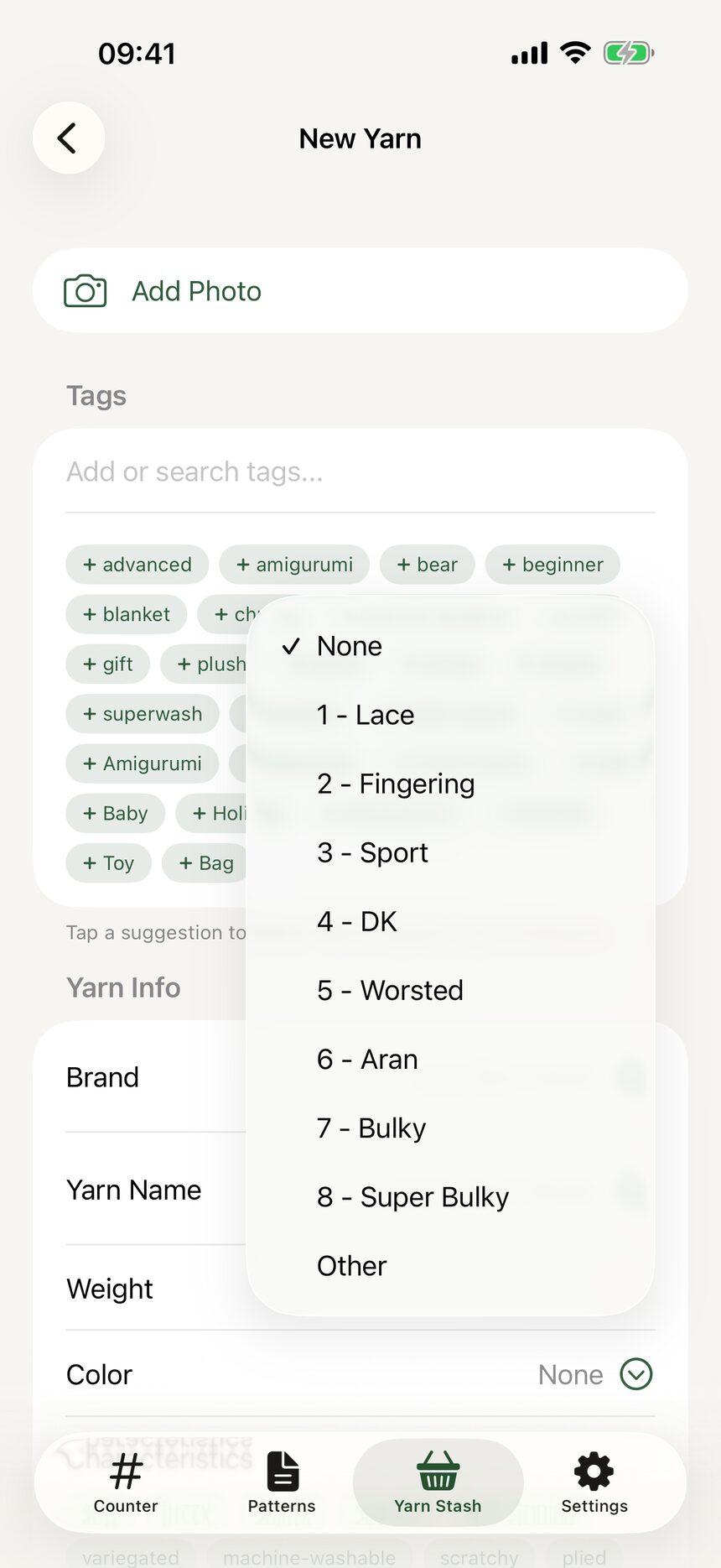 The weight category picker listing categories from 0 Lace through 7 Super Bulky.