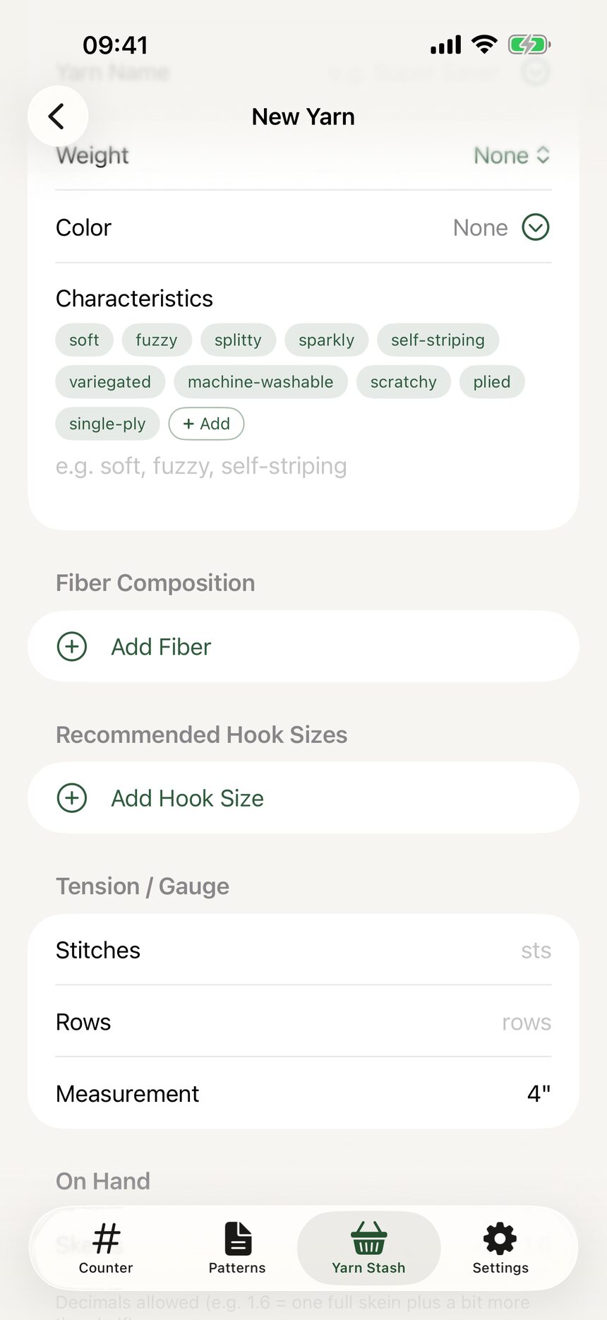 The fiber composition fields showing a cotton and acrylic blend with percentages.