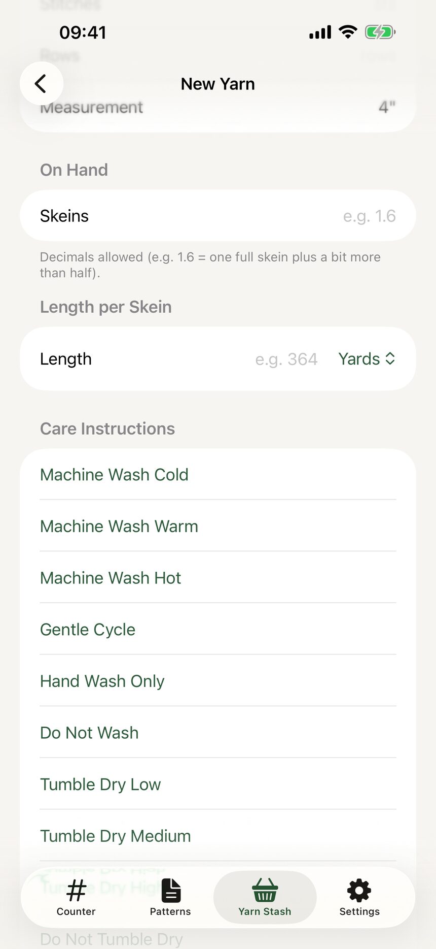 Fields for yardage per skein and the number of skeins on hand.